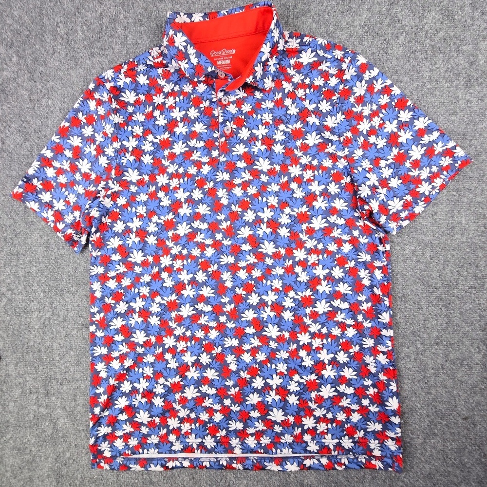 Good Good Golf Tropical Floral Performance Polo Shirt - Medium - Red/Blue/White
